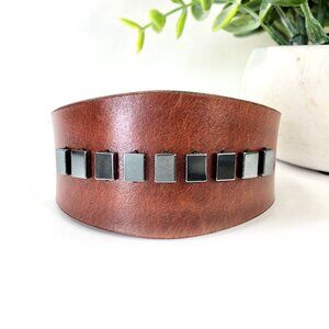 MishaGirl Handmade Brown Leather Cuff Bracelet with Hemetite Beads